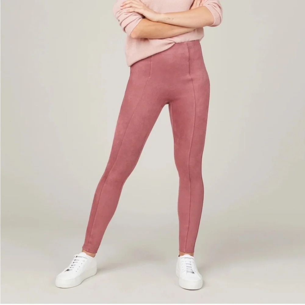 Spanx Faux Suede Leggings Rich Rise Pink High Waisted Rise Shaping